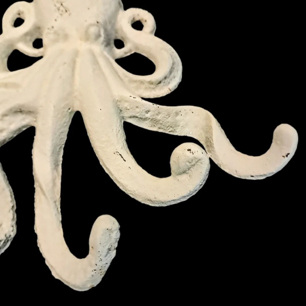 Painted Cream Distressed Octopus Wall Multi Hook Wrought Iron Coastal Cottage